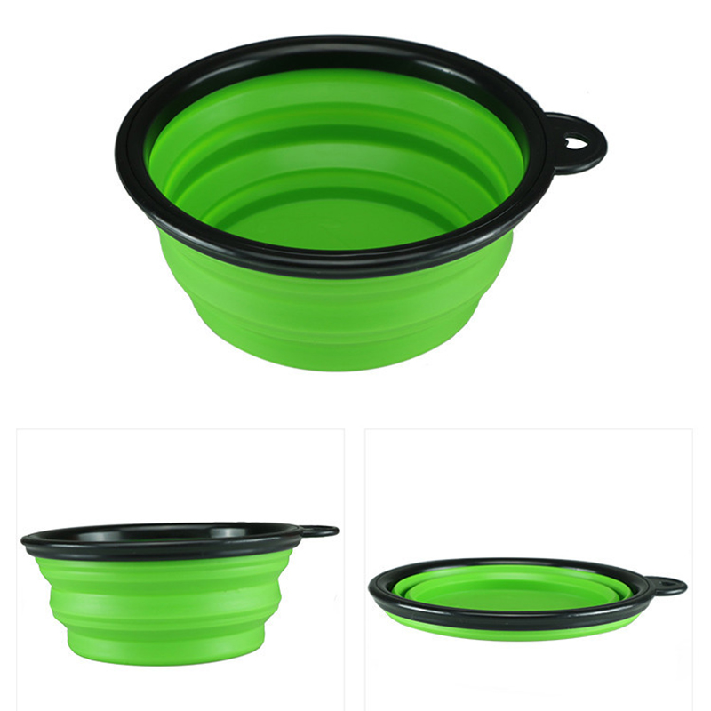 Pet Dog Cat Silicone Collapsible Feeding Bowl Travel Portable Bowl with Metal Buckle - Green