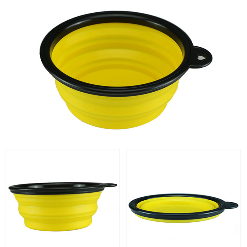 Pet Dog Cat Silicone Collapsible Feeding Bowl Travel Portable Bowl with Metal Buckle - Yellow