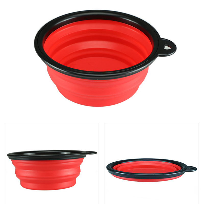 Pet Dog Cat Silicone Collapsible Feeding Bowl Travel Portable Bowl with Metal Buckle - Red