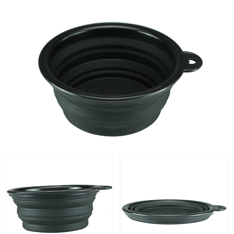 Pet Dog Cat Silicone Collapsible Feeding Bowl Travel Portable Bowl with Metal Buckle - Black