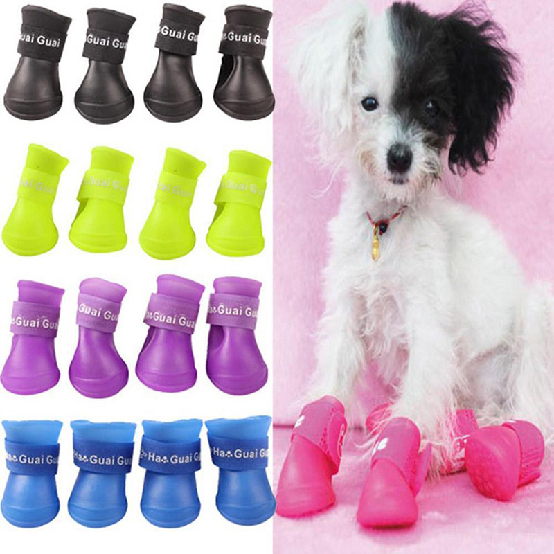 4Pcs Pet Dog Puppy Rain Boots Booties Shoes Waterproof Protective Size S - Black
