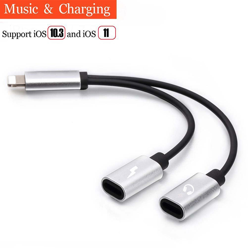 2 in 1 8 pin Headphone Audio Charge Cable Adapter Splitter for iPhone 7/8(Plus) Support IOS10.3/IOS11 - Black + Silver