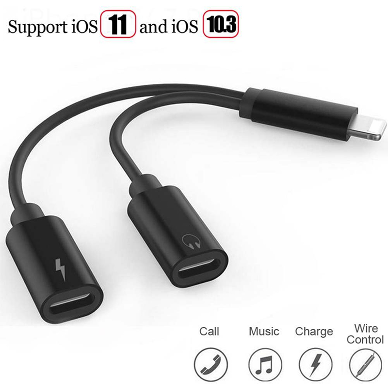 2 in 1 8 pin Headphone Audio Charge Cable Adapter Splitter for iPhone 7/8(Plus) Support IOS10.3/IOS11 - Black