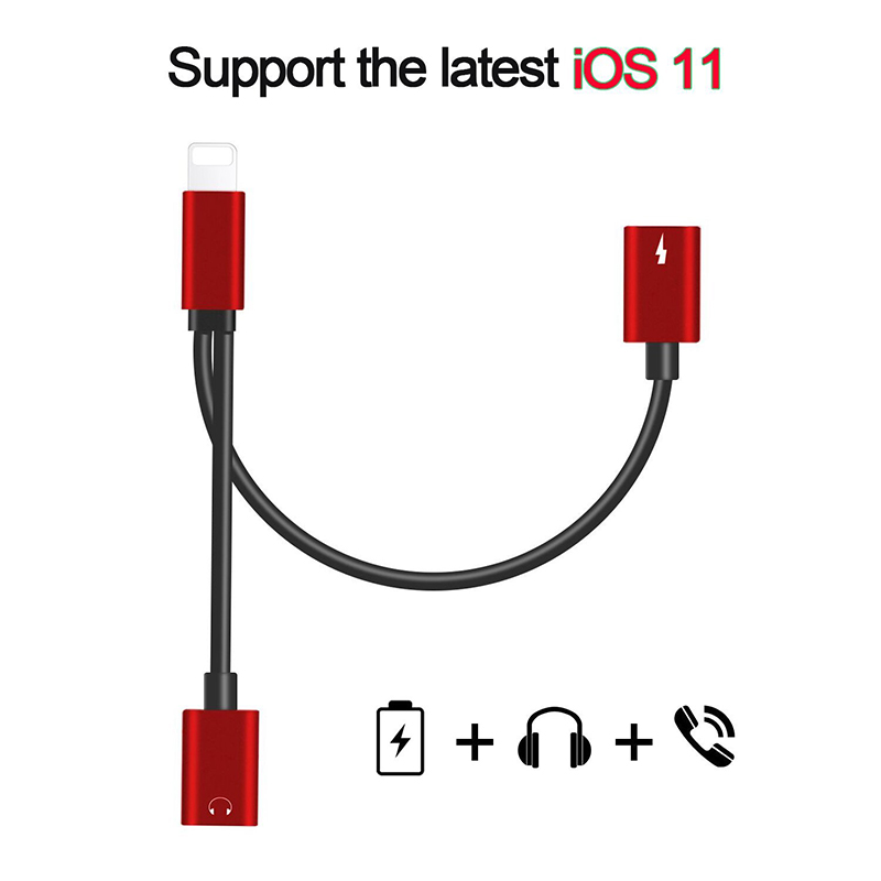 2 in 1 8 pin Headphone Audio Charge Cable Adapter Splitter for iPhone 7/8(Plus) Support IOS10.3/IOS11 - Black + Red