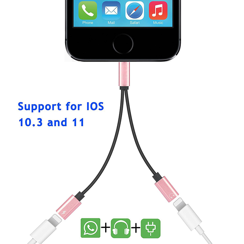 2 in 1 8 pin Headphone Audio Charge Cable Adapter Splitter for iPhone 7/8(Plus) Support IOS10.3/IOS11 - Black + Pink