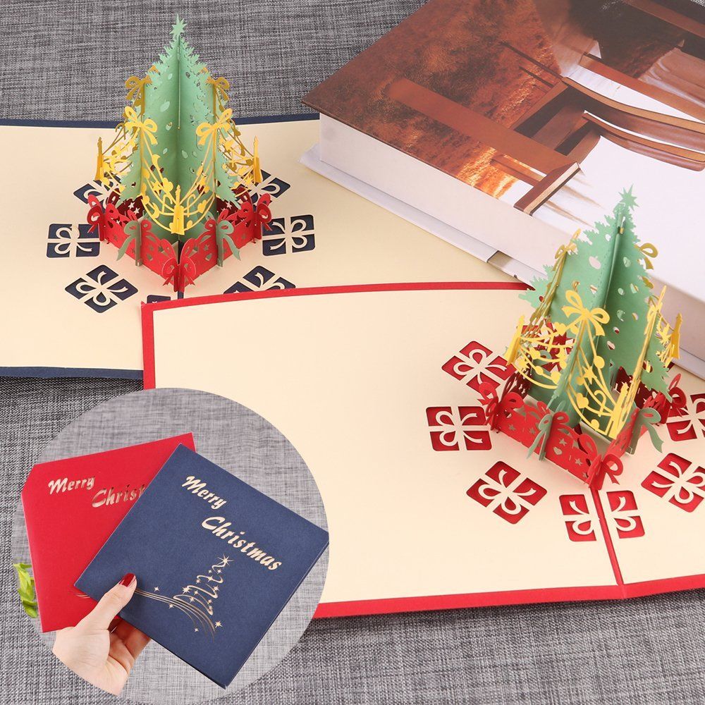 Christmas Handcrafted Origami Cards 3D Christmas Tree Greeting Postcards - Red