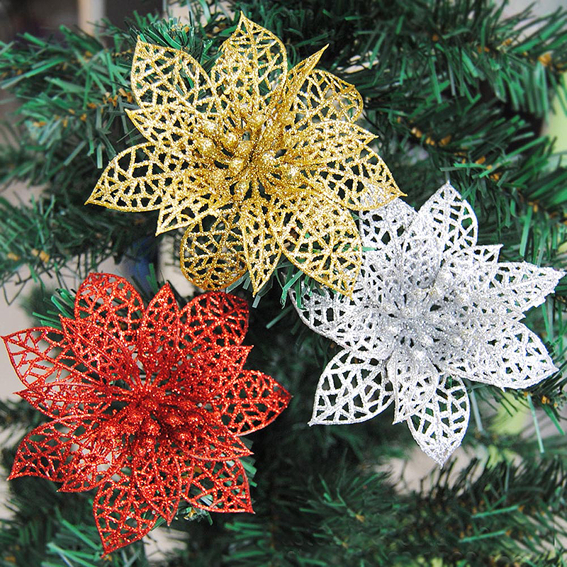 10cm Christmas Glitter Poinsettia Flower Decor Xmas Wreath Crafts Decorations - Red