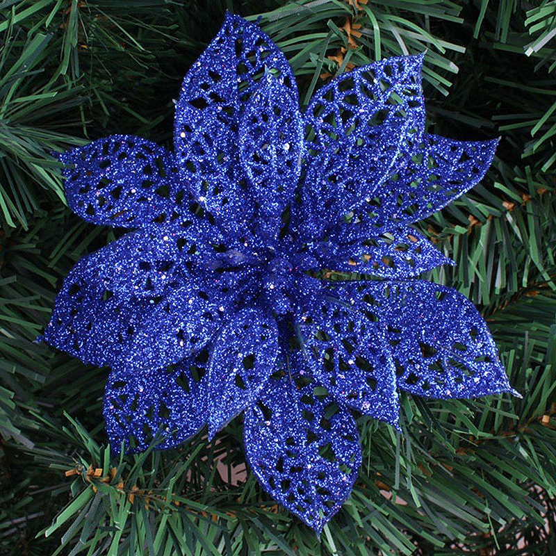 10cm Christmas Glitter Poinsettia Flower Decor Xmas Wreath Crafts Decorations - Blue