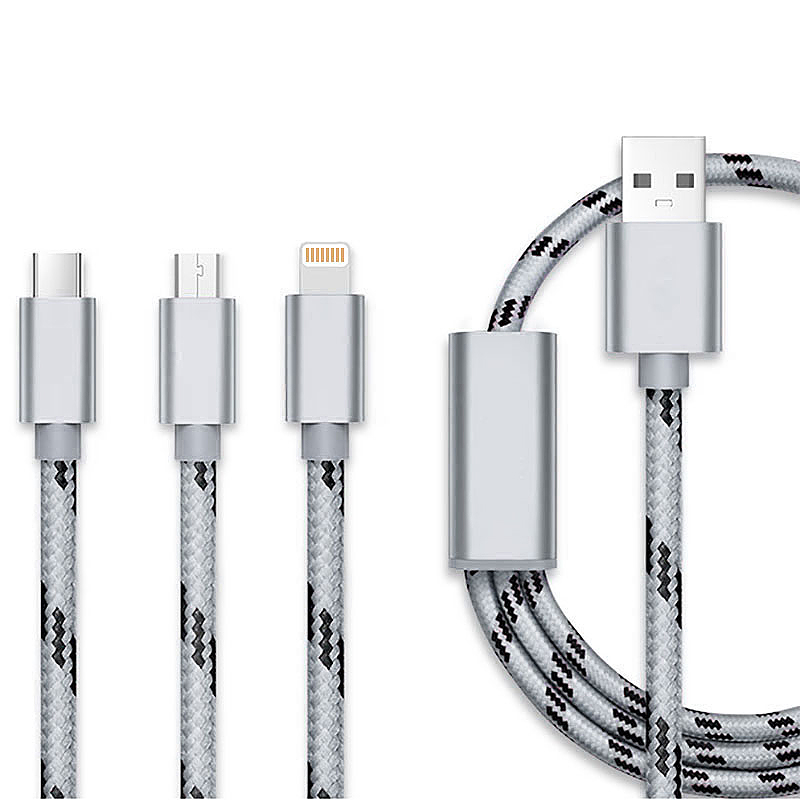 1M 3 in 1 Micro USB/8 pin/Type C Multiple Portable Braided Charging Data Cable for iPhone 8/X Samsung - Grey