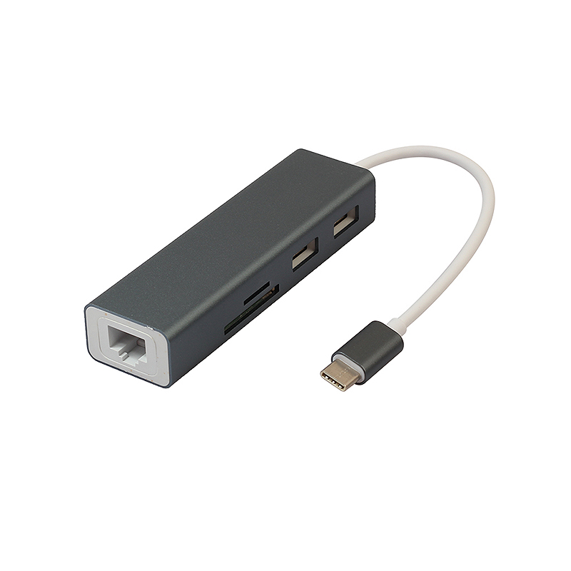 Type-C USB 3.0 Hub to RJ45 Gigabit Ethernet Wired Network Card SD/TF Card LAN Adapter - Grey