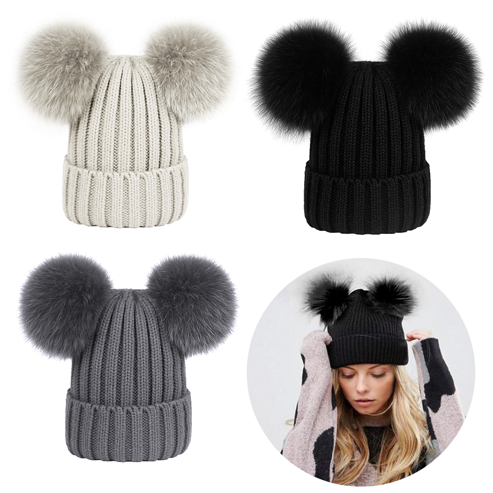 Girls Women Winter Warm Double-Fur Beanie Cap Chunky Knit Leisure Lovely Hat - Black