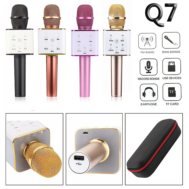 Q7 Wireless Bluetooth Handheld Microphone Portable Home KTV Karaoke Stereo Mic Speaker USB Player for Mobile PC - Rose Red
