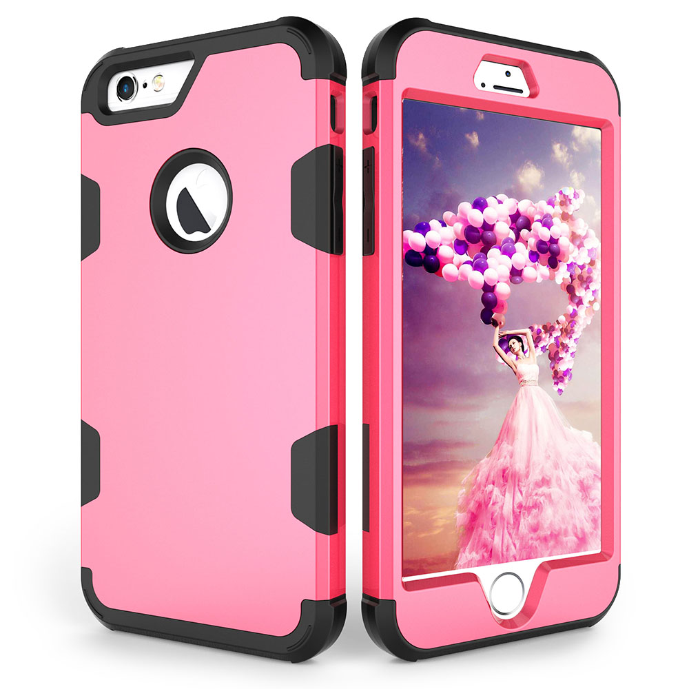 iPhone 6S Plus PC Hard Back TPU Bumper Shockproof Protective Case Cover Shell - Rose Red + Black