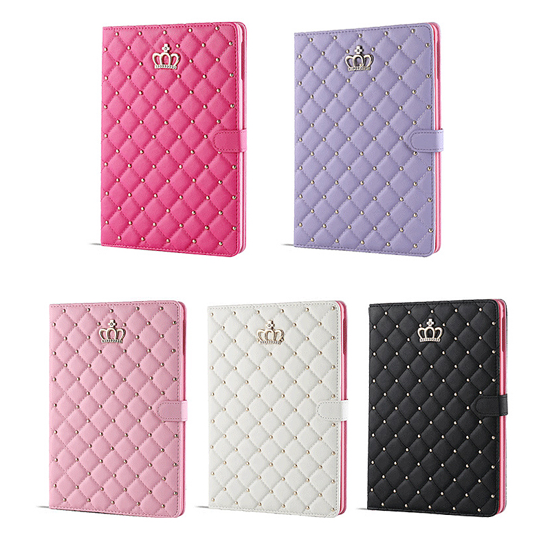 Luxury Bling Crown Quilted Grid Case Smart Stand Up Soft PU Leather Cover for iPad Mini 1/2/3 - White