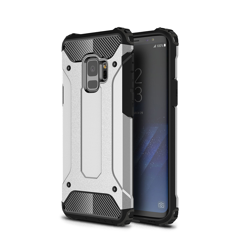 Hybrid Rugged Armor Dual Layer Case Soft TPU Bumper Shockproof Back Cover for Samsung Galaxy S9 - Silver