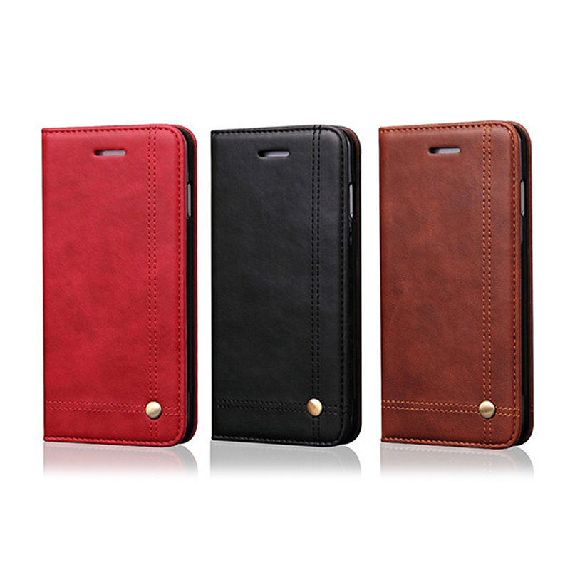 Slim Vintage Rivet PU Leather Case Magnetic Flip Stand Wallet Cover for Samsung Galaxy S9 - Brown