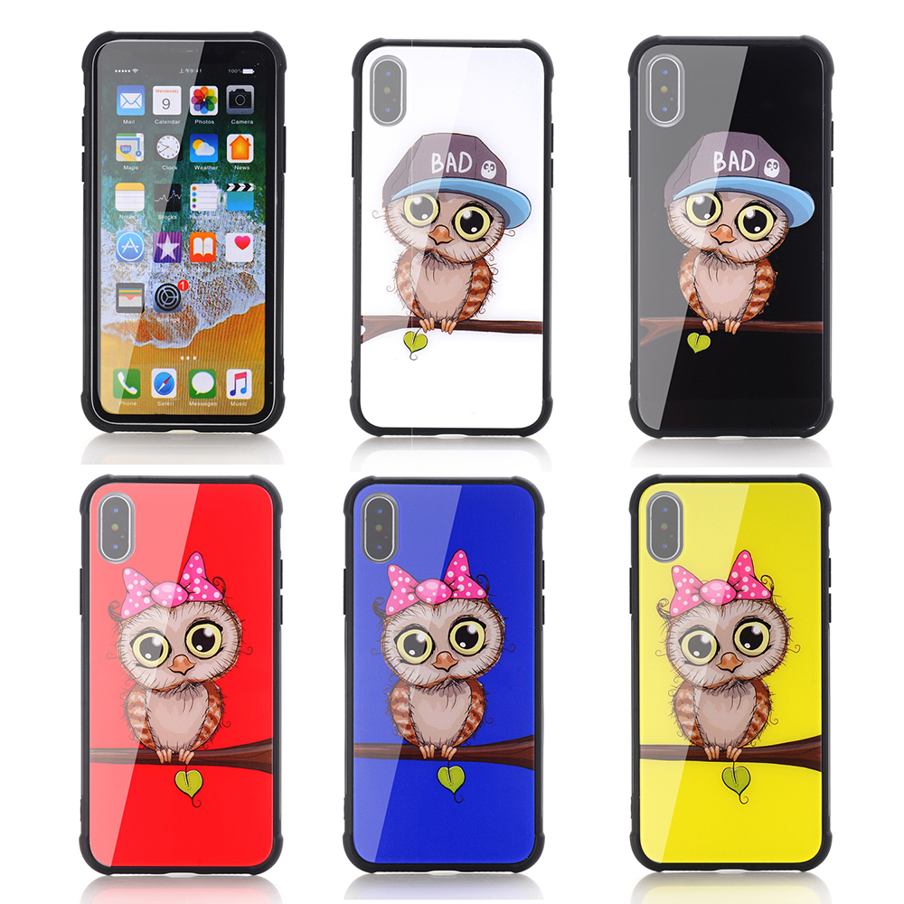 iPhone X/XS Owl Pattern Tempered Glass Back TPU Bumper Shockproof Case Cover - Yellow