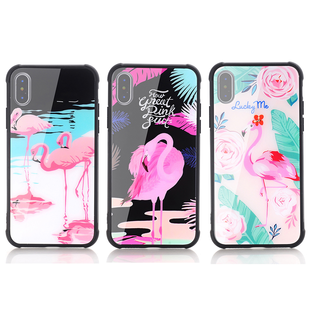 Flamingo Tempered Glass Case Soft TPU Bumper Protective Back Cover for iPhone X/XS - Pattern 1