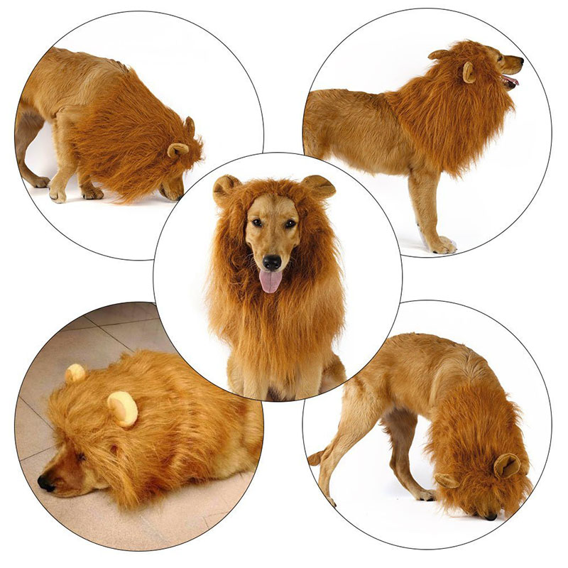 Dog Lion Mane Wig Pet Christmas Halloween Festival Fancy Dress Up Costume with Ears - Brown