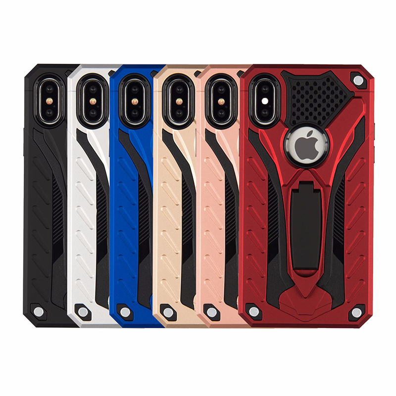 iPhone X/XS Dual Layers Rugged Hybrid Armor Rubber Shockproof Case Back Cover with Kickstand - Rose Golden