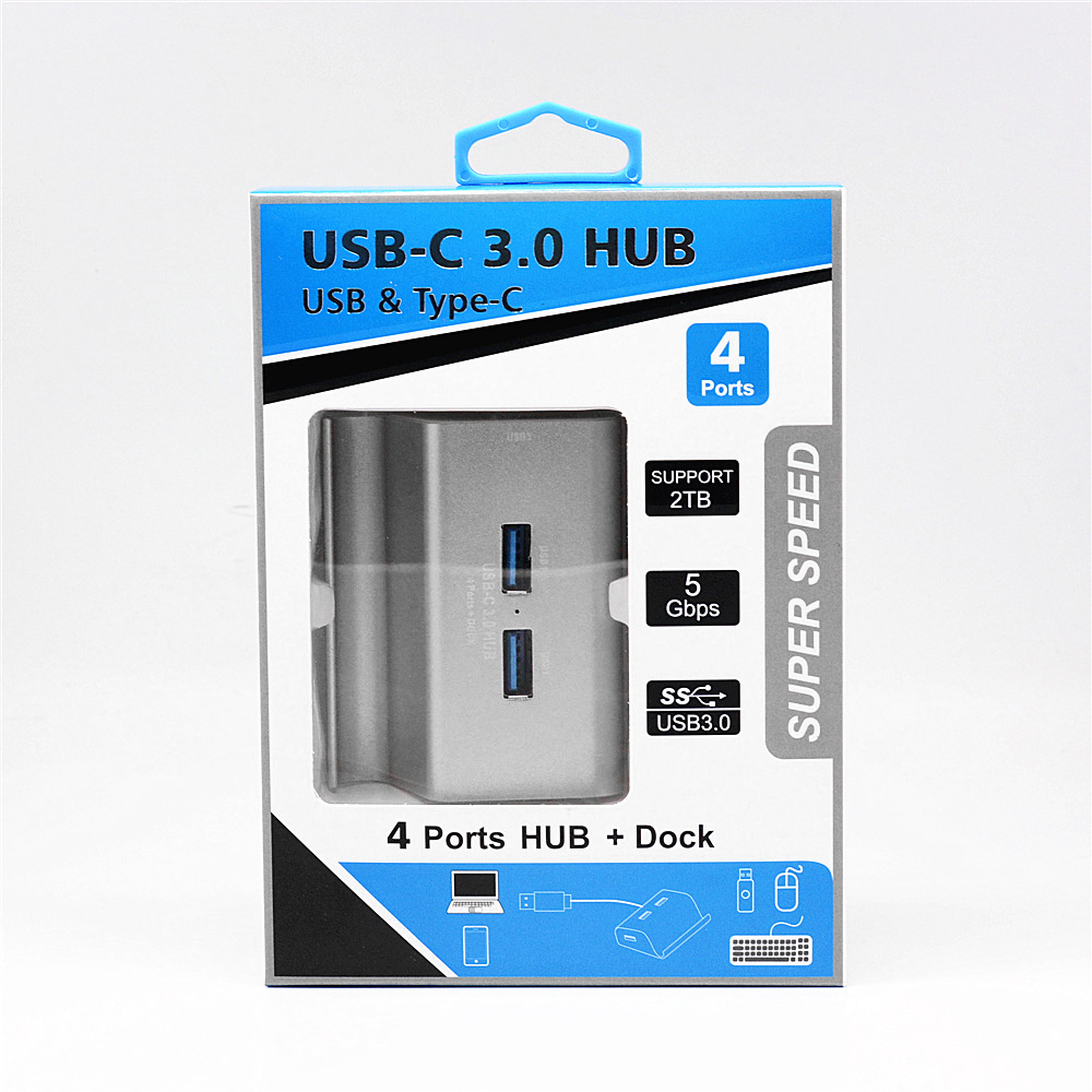 USB 3.0 4-Port USB-C 3.0 Hub Super Speed Card Reader + Phone Holder Combo - Silver