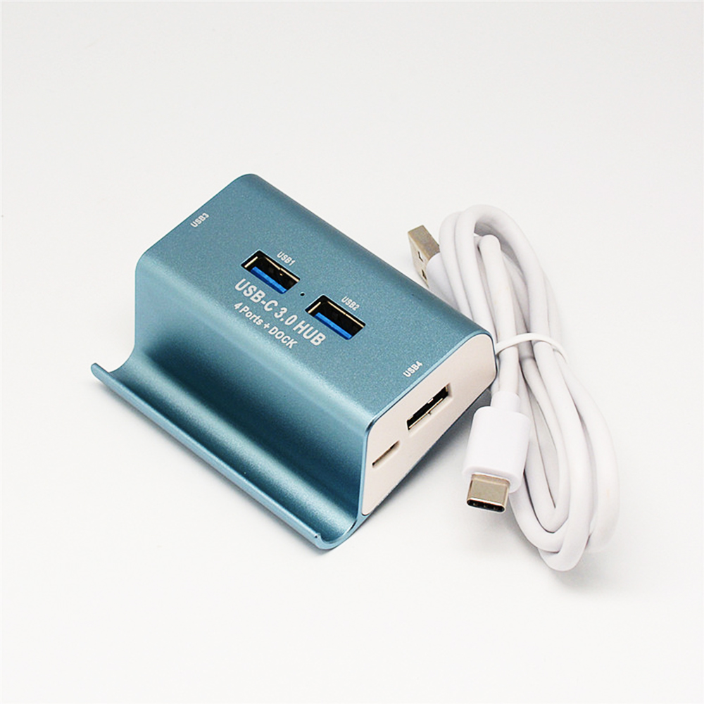 USB 3.0 4-Port USB-C 3.0 Hub Super Speed Card Reader + Phone Holder Combo - Blue