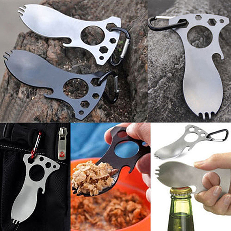 Pocket Spoon Fork Wrench Bottle Opener Carabiner Kit Camping Hiking Multifunctional Tool - Silver