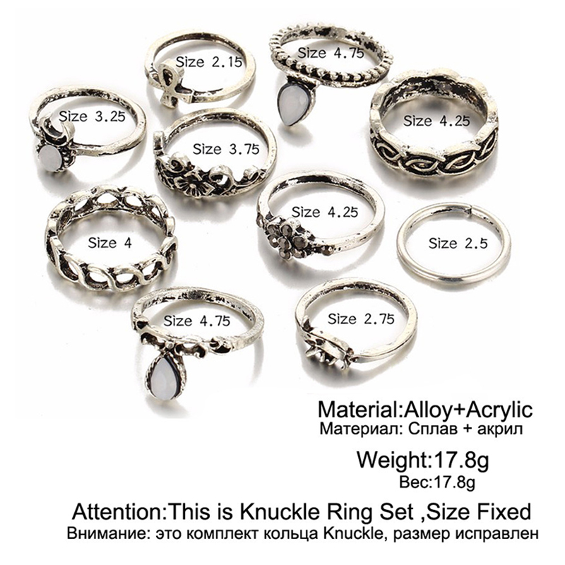 10PCs/Set Vintage Flower Moon Elephant Knuckle Joint Rings Set for Women - Silver