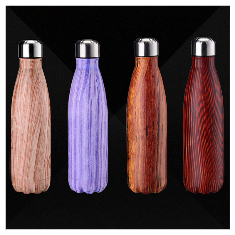500ML Double Wall Stainless Vacuum Insulated Water Bottle with Wood Grain Pattern - Wood Color