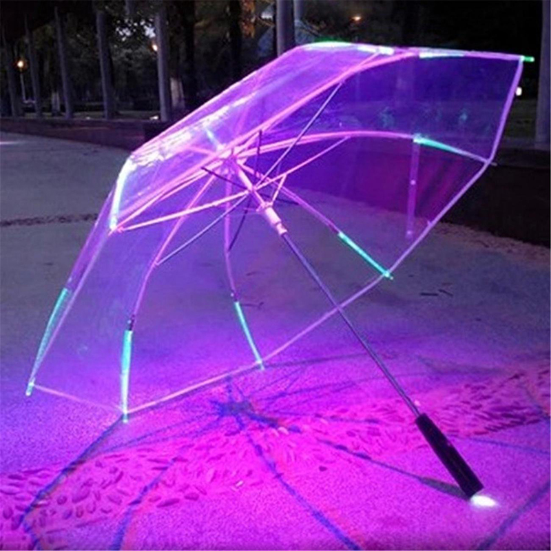 8 Ribs Light Up Changing Colors LED Umbrella with Flashlight - Transparent