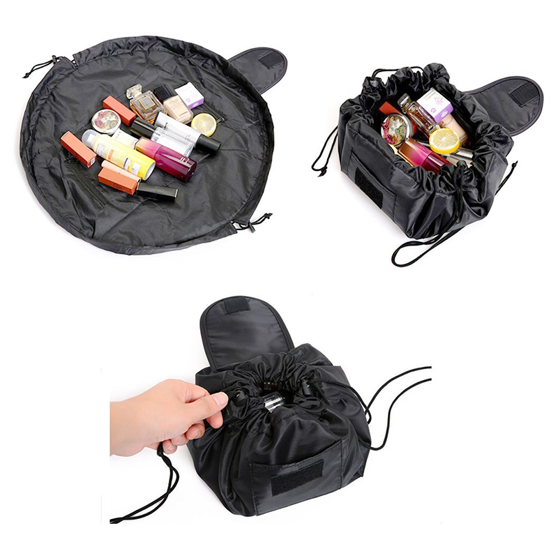 Waterproof Travel Makeup Bag Foldable Portable Drawstring Cosmetic Storage Organizer - Black