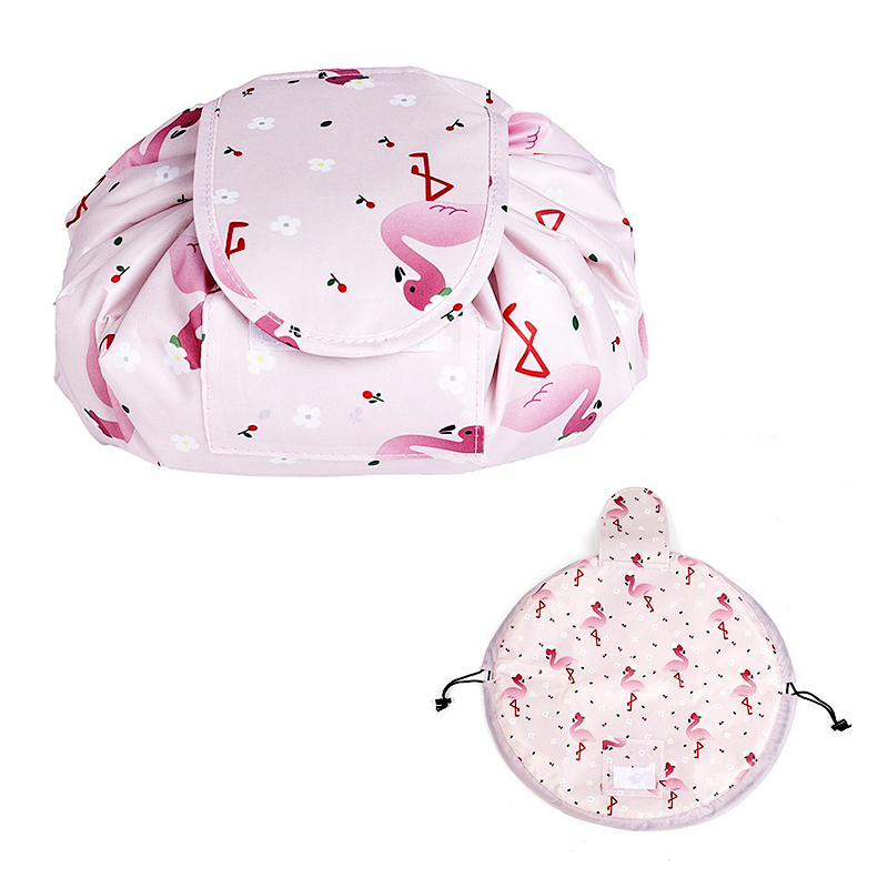 Waterproof Travel Makeup Bag Foldable Portable Drawstring Cosmetic Storage Organizer - Pink Flamingo
