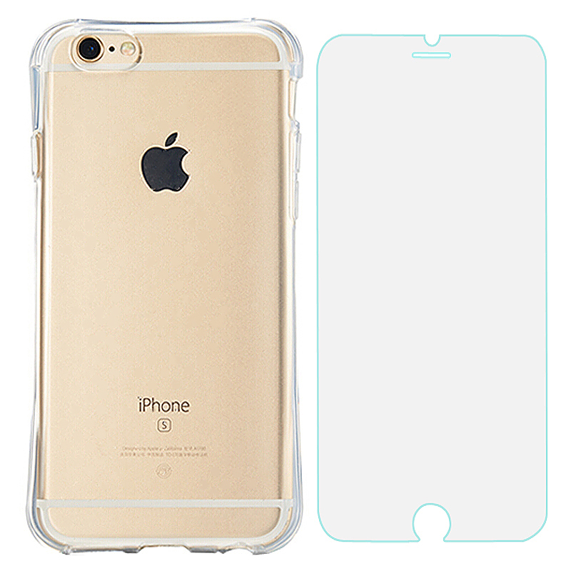 Slim Transparent TPU Case with Shockproof Particles Corner for iPhone 6 6S with Tempered Glass - Transparent