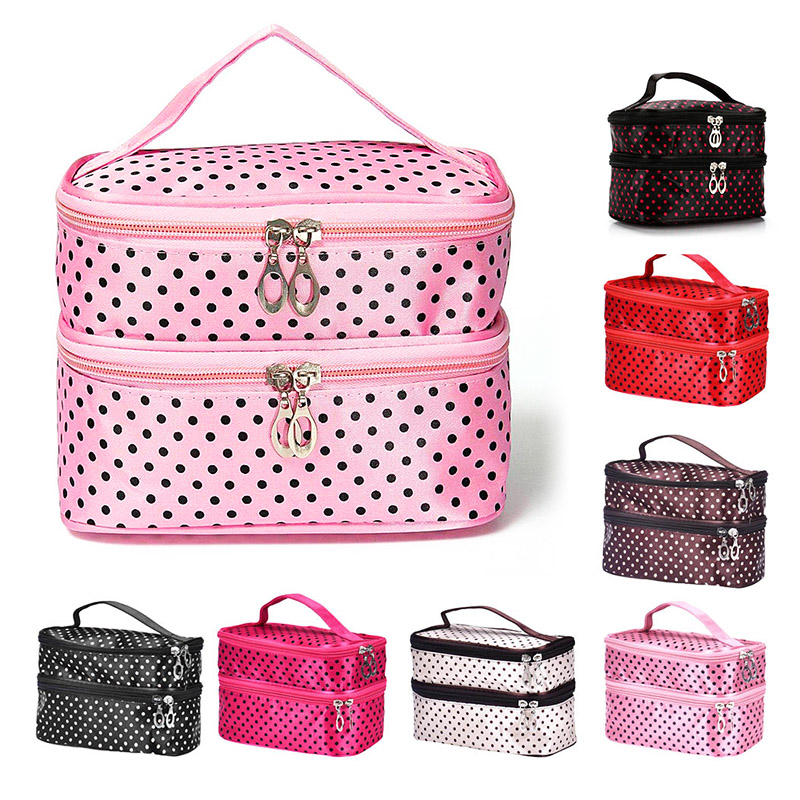 Double Layer Waterproof Makeup Bag Fashion Portable Travel Toiletries Cosmetic Organizer Case - Pink