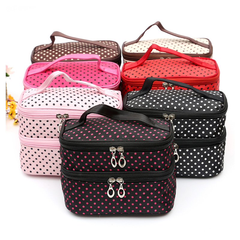 Double Layer Waterproof Makeup Bag Fashion Portable Travel Toiletries Cosmetic Organizer Case - Black+Rose Red
