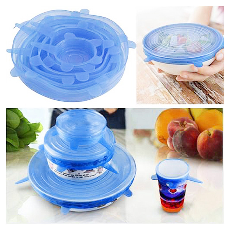 6Pcs Flexible Silicone Stretch Lids Reusable Food Keep Fresh Saver Cover for Bowls Cups Pots - Blue