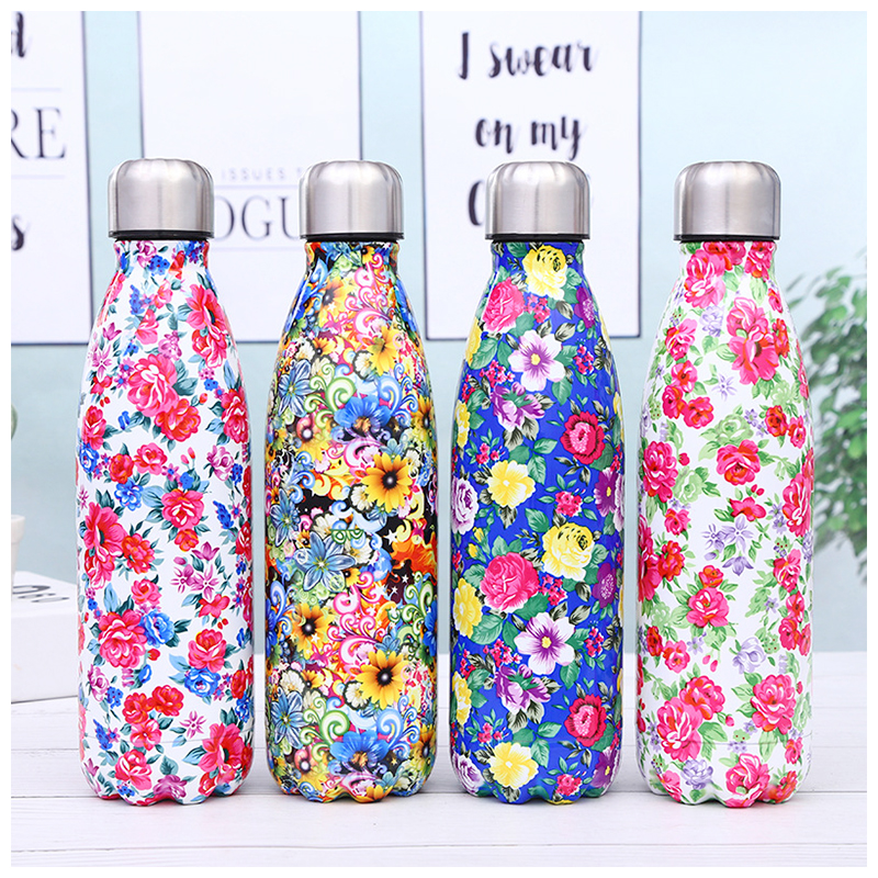 500ML Portable Stainless Steel Water Flask Flowers Pattern Double Wall Vacuum Insulated Bottle - Pattern 1