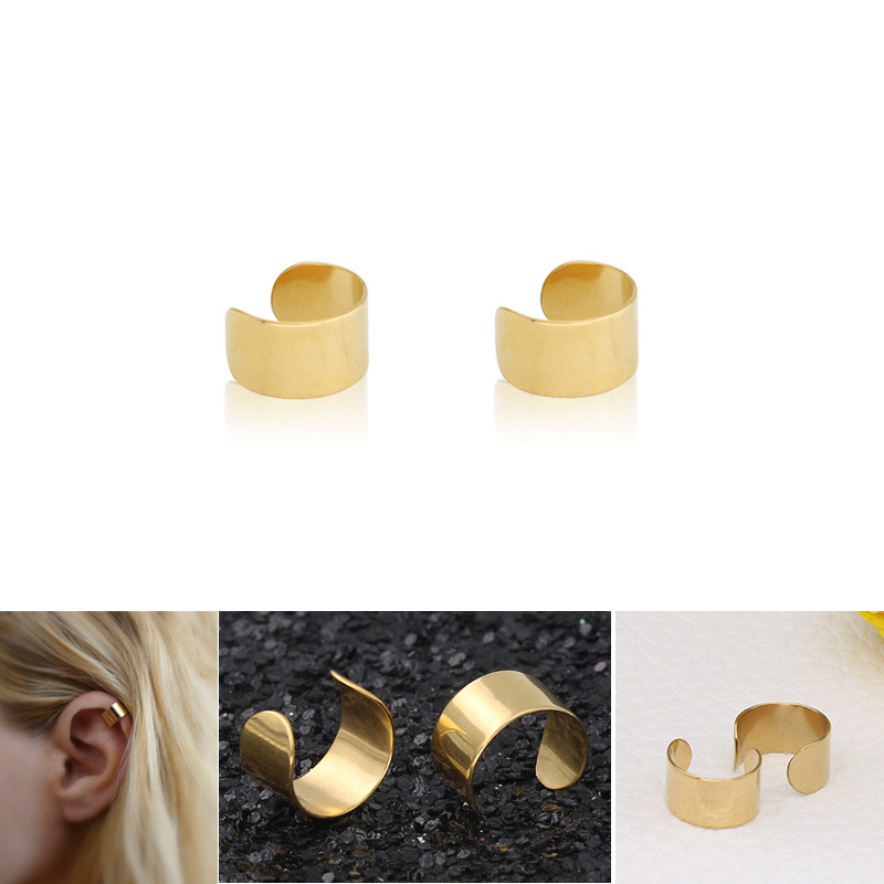 1 Pair Unisex Stainless Steel Cuff Hoop Fake Clip-on Earring Ear Stud Fashion Jewelry - Golden
