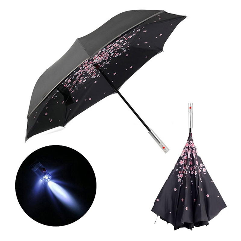 Reverse Inverted Safety Umbrella with LED Handle Warning SOS Signal for Cars - Sakura