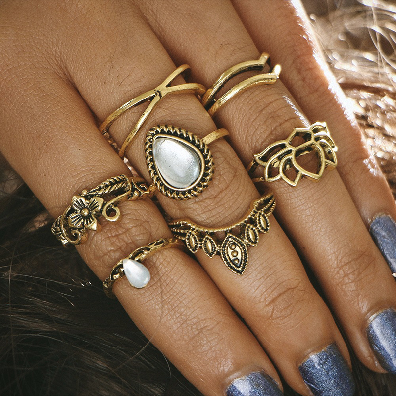7PCS Bohemian Vintage Women's Rainstone Finger Rings Punk Jewelry Ring Set