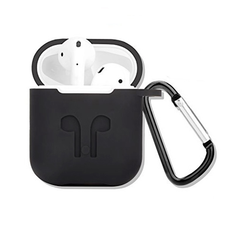 Portable Wireless Bluetooth Earphone Silicone Protective Box with Hanging Loop for Apple AirPods - Black
