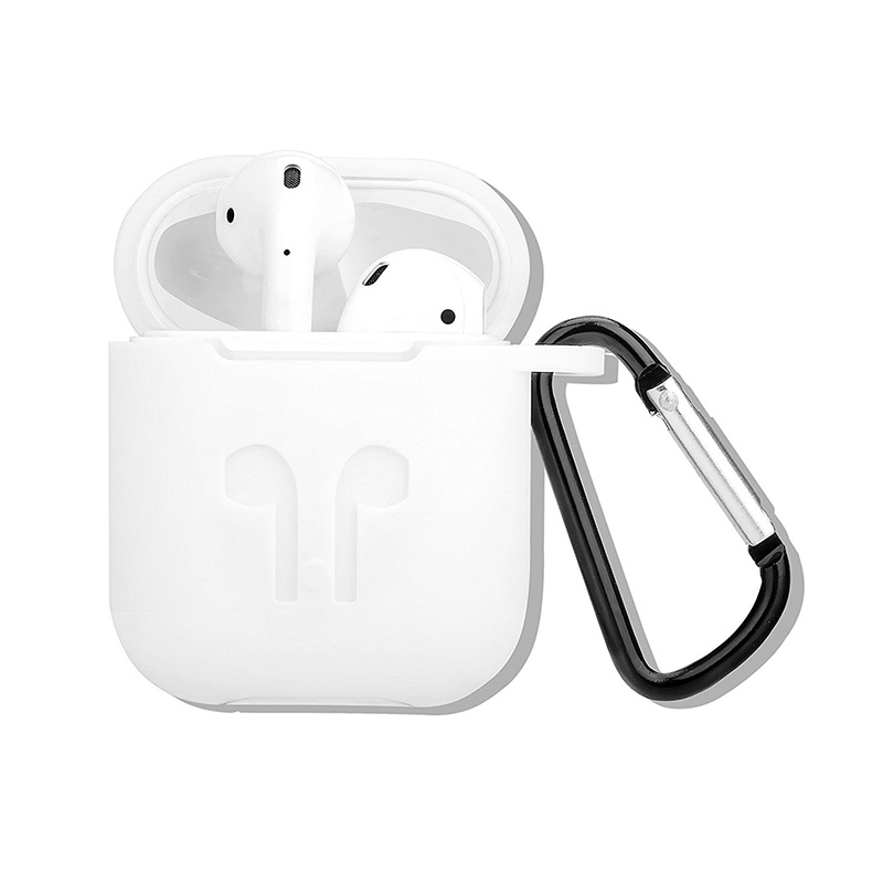 Portable Wireless Bluetooth Earphone Silicone Protective Box with Hanging Loop for Apple AirPods - White