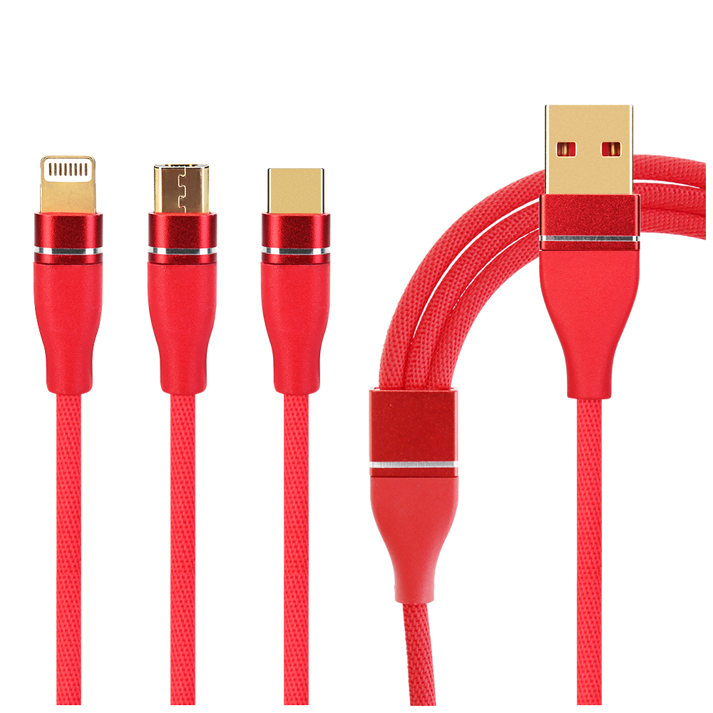 1M 3in1 Type-c Micro USB 8 pin Charge Cable Multifunctional Charging Wire Cord - Red