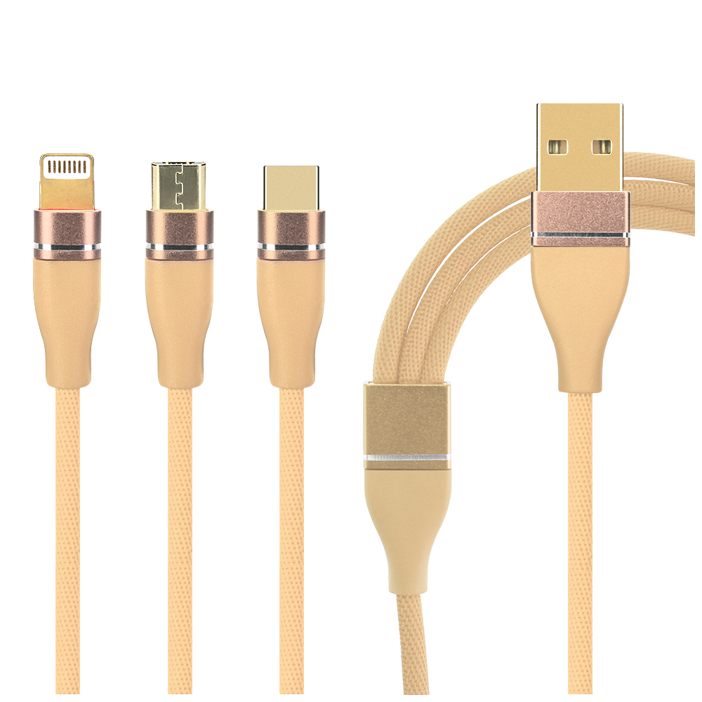 1M 3in1 Type-c Micro USB 8 pin Charge Cable Multifunctional Charging Wire Cord - Golden