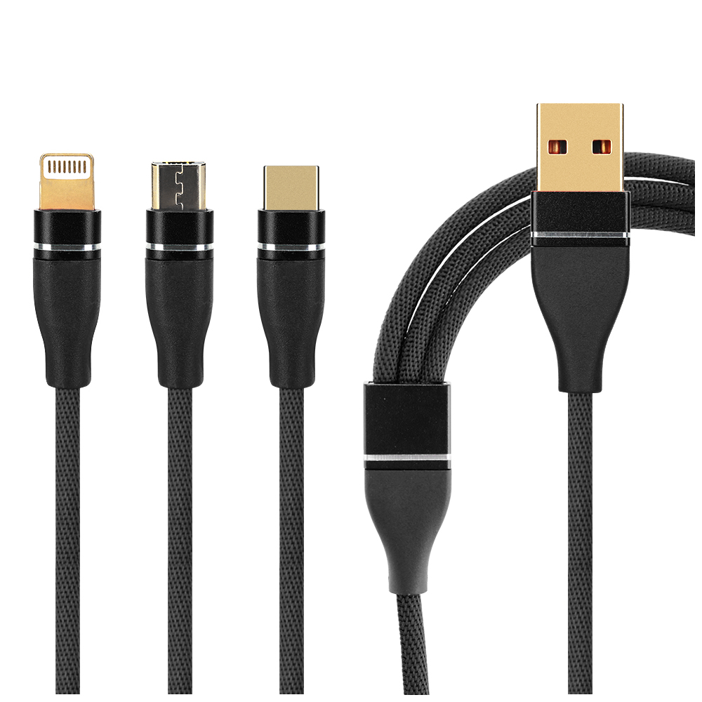 1M 3in1 Type-c Micro USB 8 pin Charge Cable Multifunctional Charging Wire Cord - Black