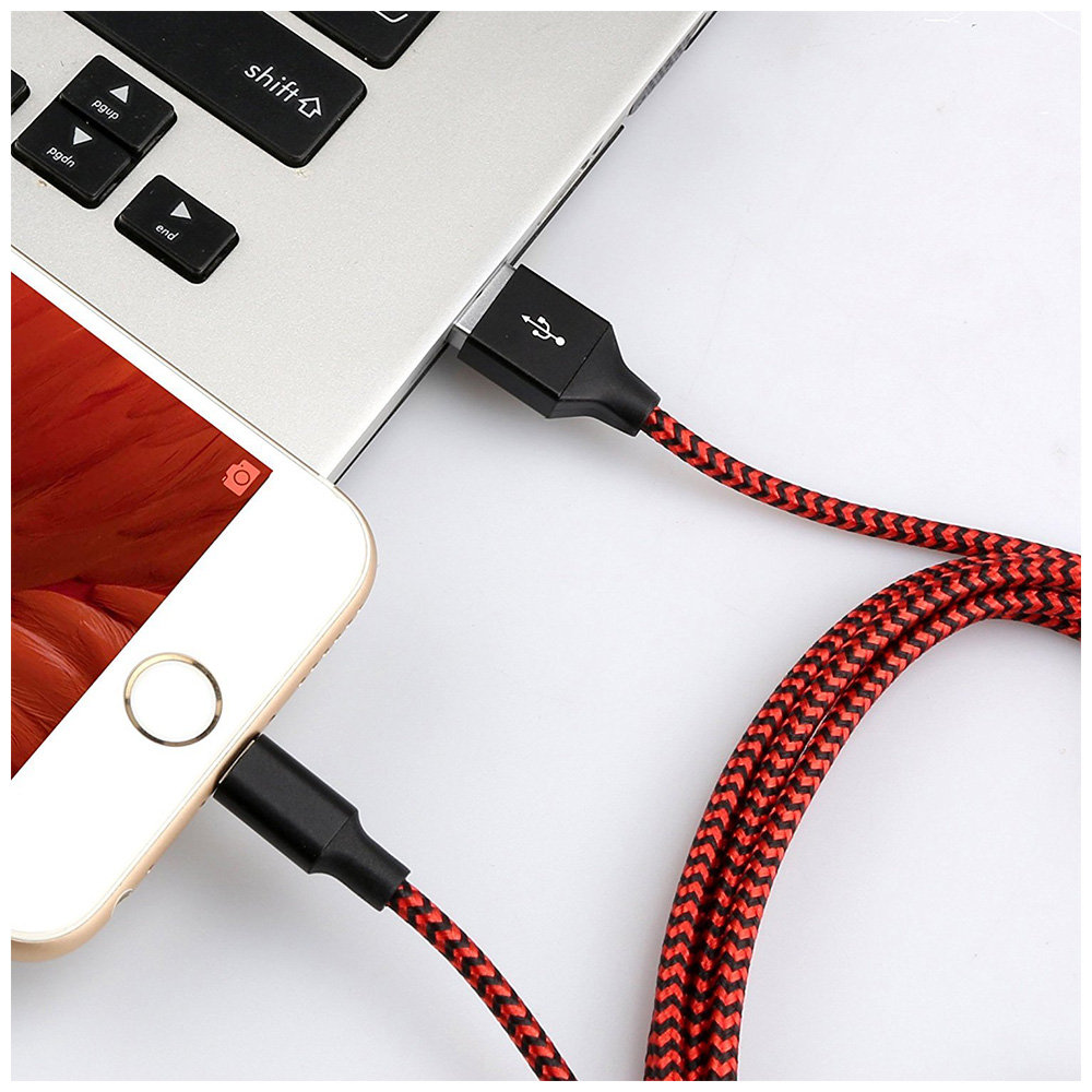 2M Braided 8 pin Charge Cable Portable Data Sync Charging Cord Line - Red+Black