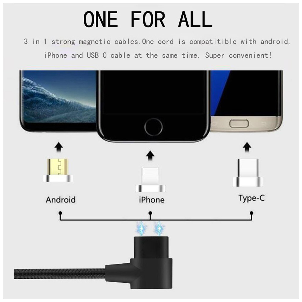 1m 3in1 Right Angle Magnetic Knit Braid Micro USB/8 pin/Type-C Data Cable - Black