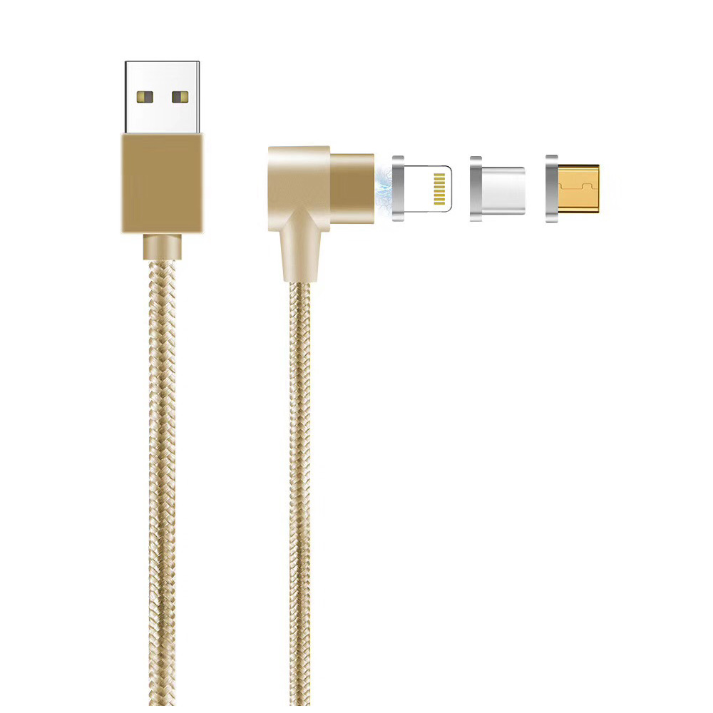 1m 3in1 Right Angle Magnetic Knit Braid Micro USB/8 pin/Type-C Data Cable - Golden