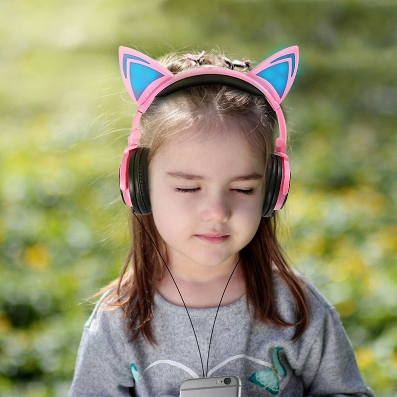 Cat Ear LED Headset Foldable Over-Ear Headphone Earphone with LED Lights for Kids Girls - Pink