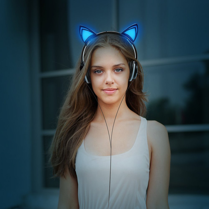 Cat Ear LED Headset Foldable Over-Ear Headphone Earphone with LED Lights for Kids Girls - Black